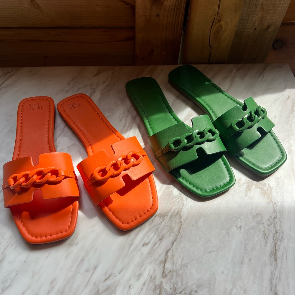 Orange and Green Chain Slide Sandals size 8 time and tru